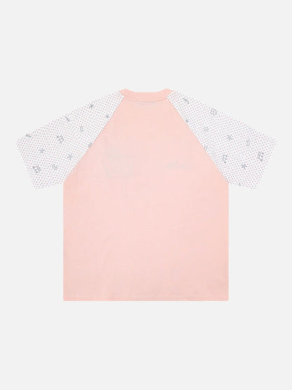 DAXUEN Oversized T-shirt with cat graphic and polka dot sleeves