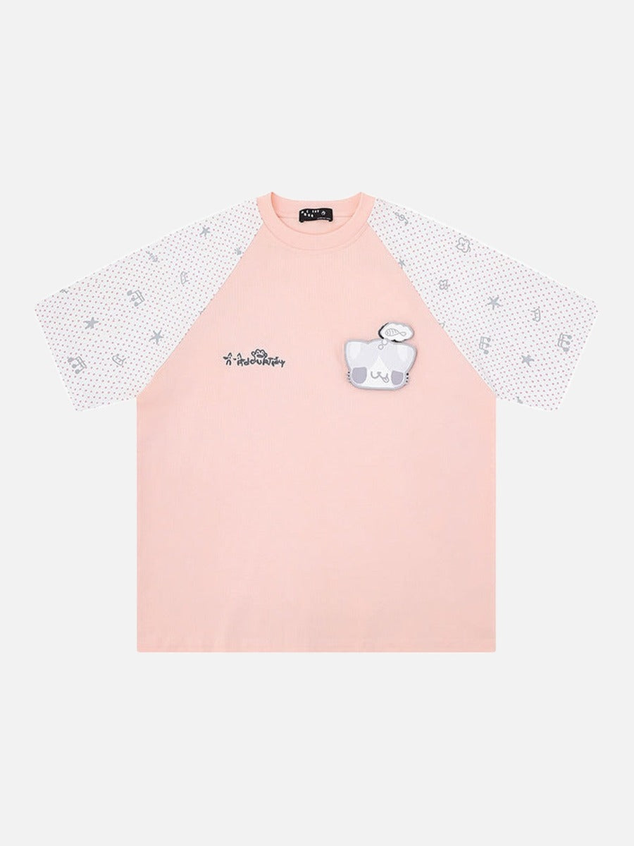 DAXUEN Oversized T-shirt with cat graphic and polka dot sleeves