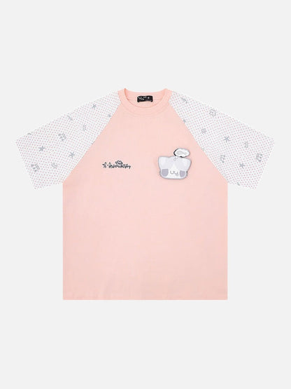 DAXUEN Oversized T-shirt with cat graphic and polka dot sleeves