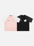 DAXUEN Oversized T-shirt with cat graphic and polka dot sleeves