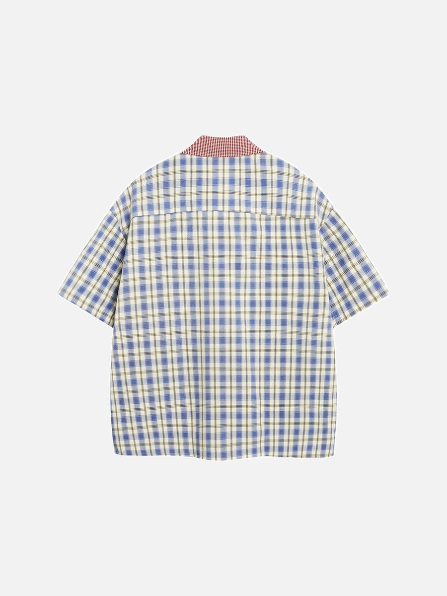 DAXUEN Plaid button-up shirt with cartoon cat patches