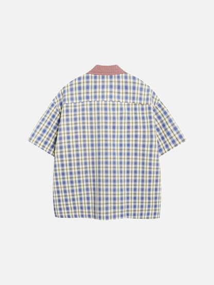 DAXUEN Plaid button-up shirt with cartoon cat patches