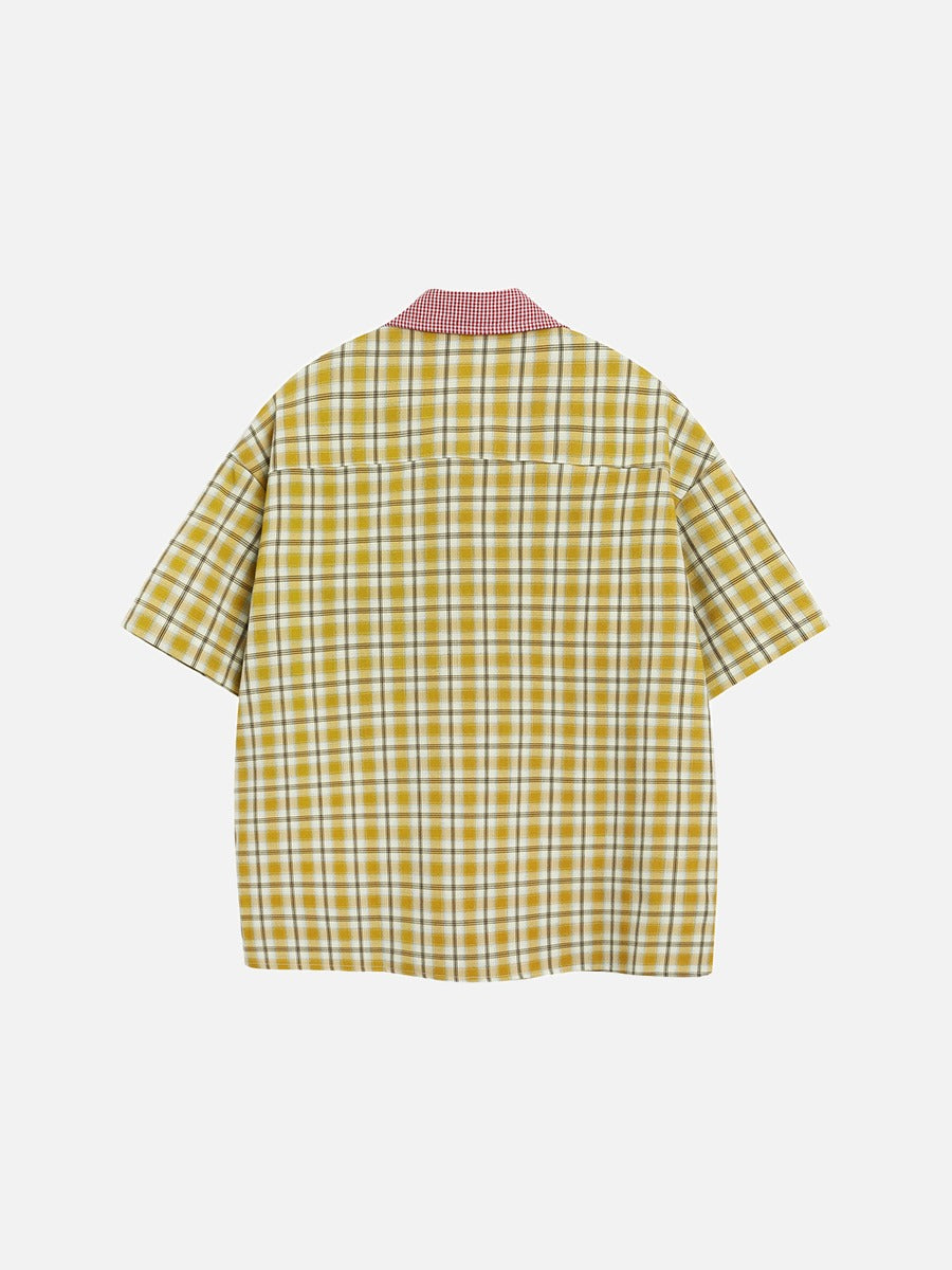 DAXUEN Plaid button-up shirt with cartoon cat patches