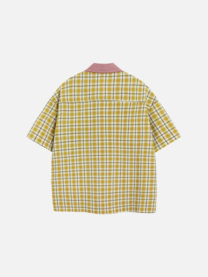 DAXUEN Plaid button-up shirt with cartoon cat patches