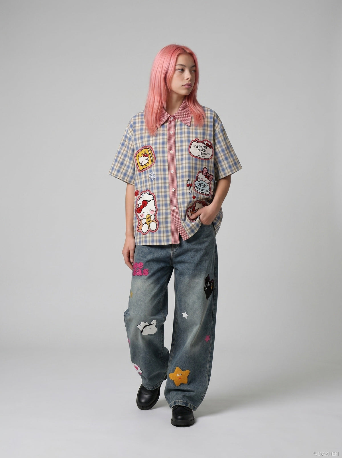 DAXUEN Plaid button-up shirt with cartoon cat patches — model photo