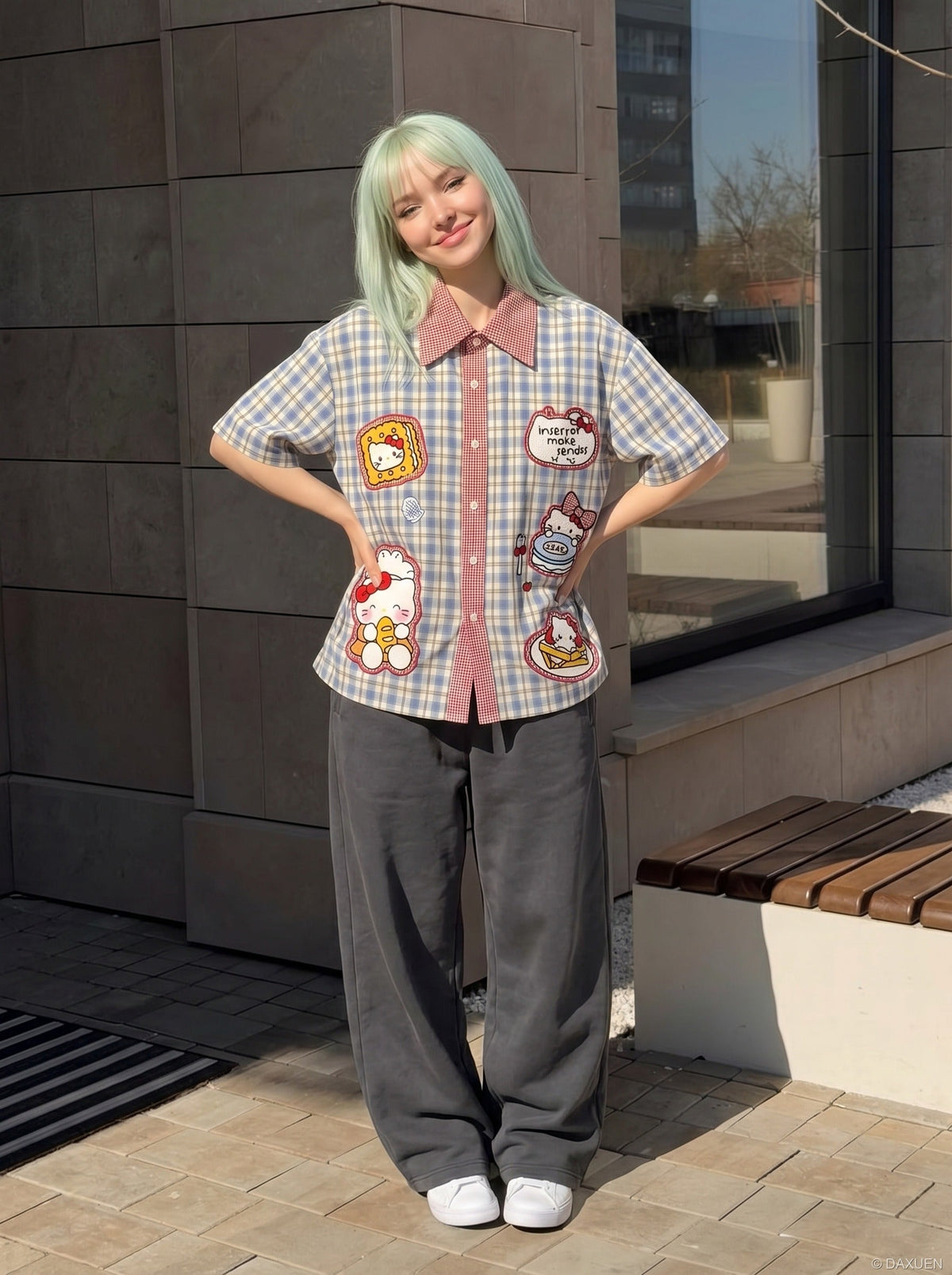 DAXUEN Plaid button-up shirt with cartoon cat patches — model photo