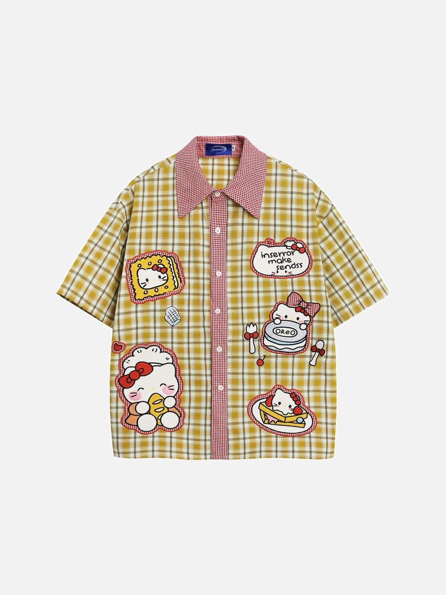DAXUEN Plaid button-up shirt with cartoon cat patches