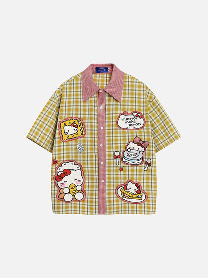 DAXUEN Plaid button-up shirt with cartoon cat patches