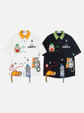 DAXUEN Embroidered cat-themed short sleeve button-up shirt