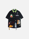 DAXUEN Embroidered cat-themed short sleeve button-up shirt