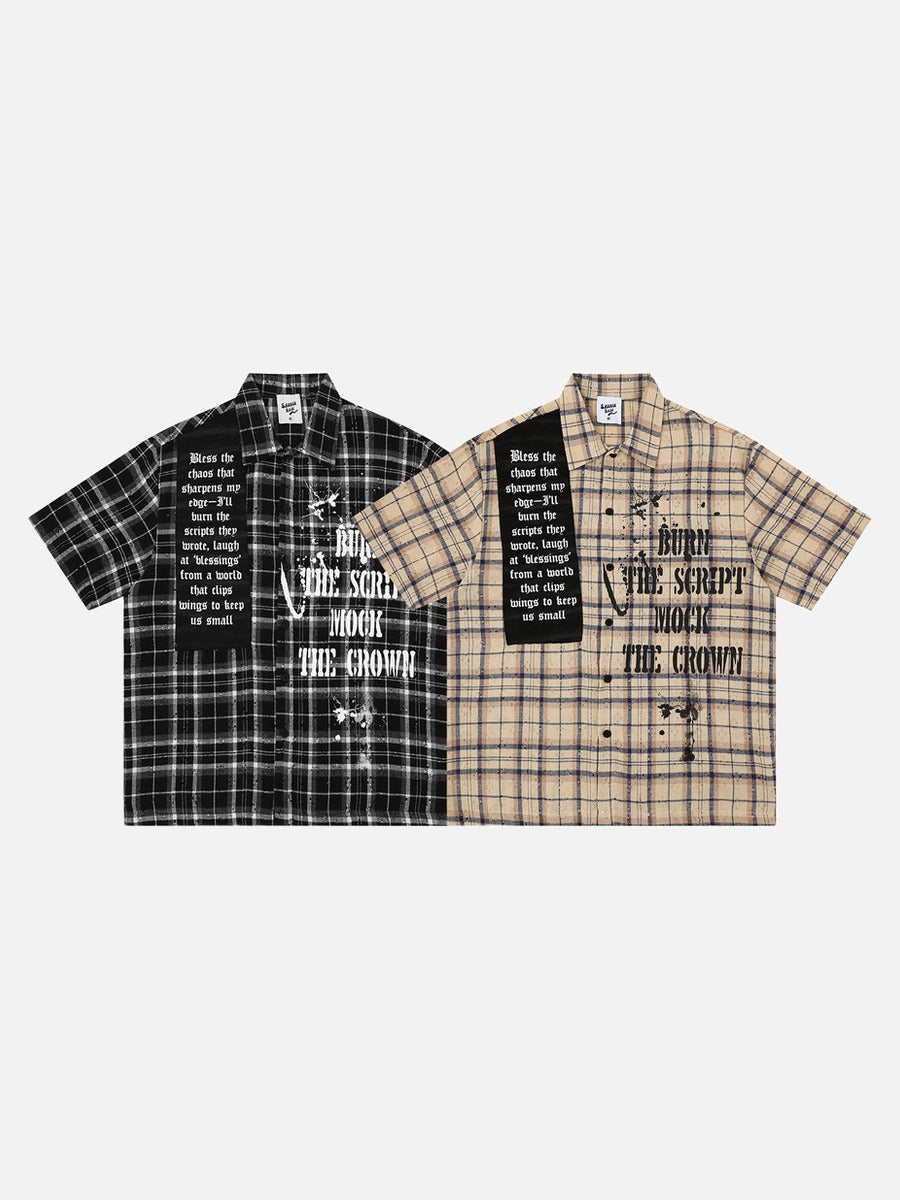 DAXUEN Short-sleeved plaid button-up shirt with graphic elements
