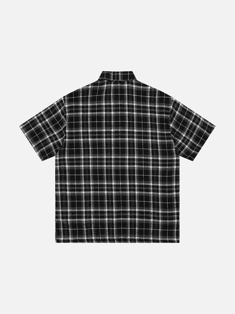DAXUEN Short-sleeved plaid button-up shirt with graphic elements