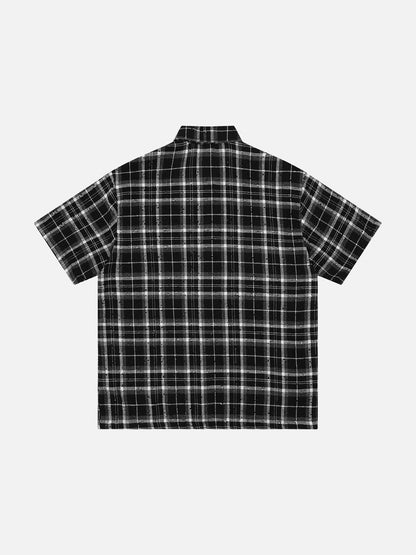 DAXUEN Short-sleeved plaid button-up shirt with graphic elements