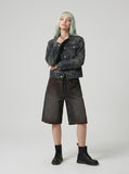 DAXUEN Charcoal grey wide-leg denim shorts with contrast stitching — model photo