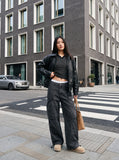 DAXUEN dark charcoal grey relaxed-fit cargo pants — model photo