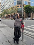DAXUEN charcoal grey striped panel long-sleeve top — model photo