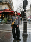 DAXUEN charcoal grey striped panel long-sleeve top — model photo