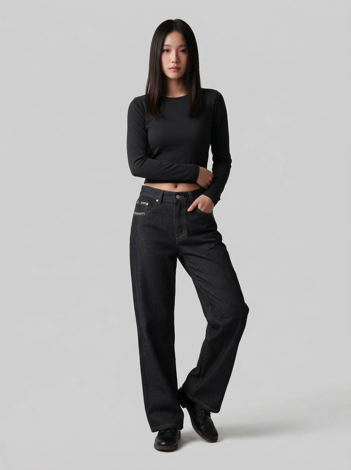DAXUEN Charcoal wide-leg denim jeans — model photo