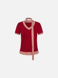Checkered mock scarf short-sleeved t-shirt