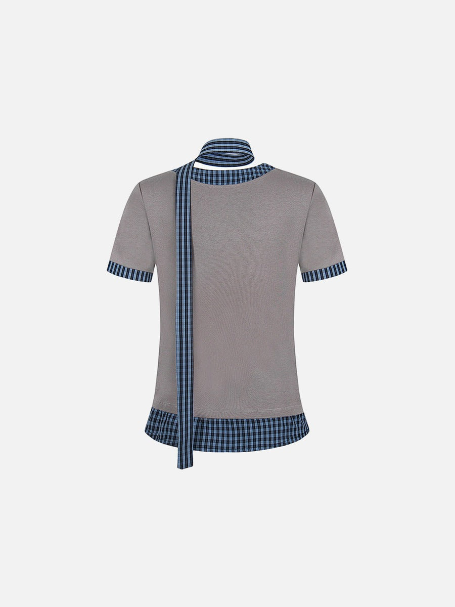 Checkered mock scarf short-sleeved t-shirt