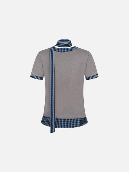 Checkered mock scarf short-sleeved t-shirt