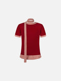Checkered mock scarf short-sleeved t-shirt
