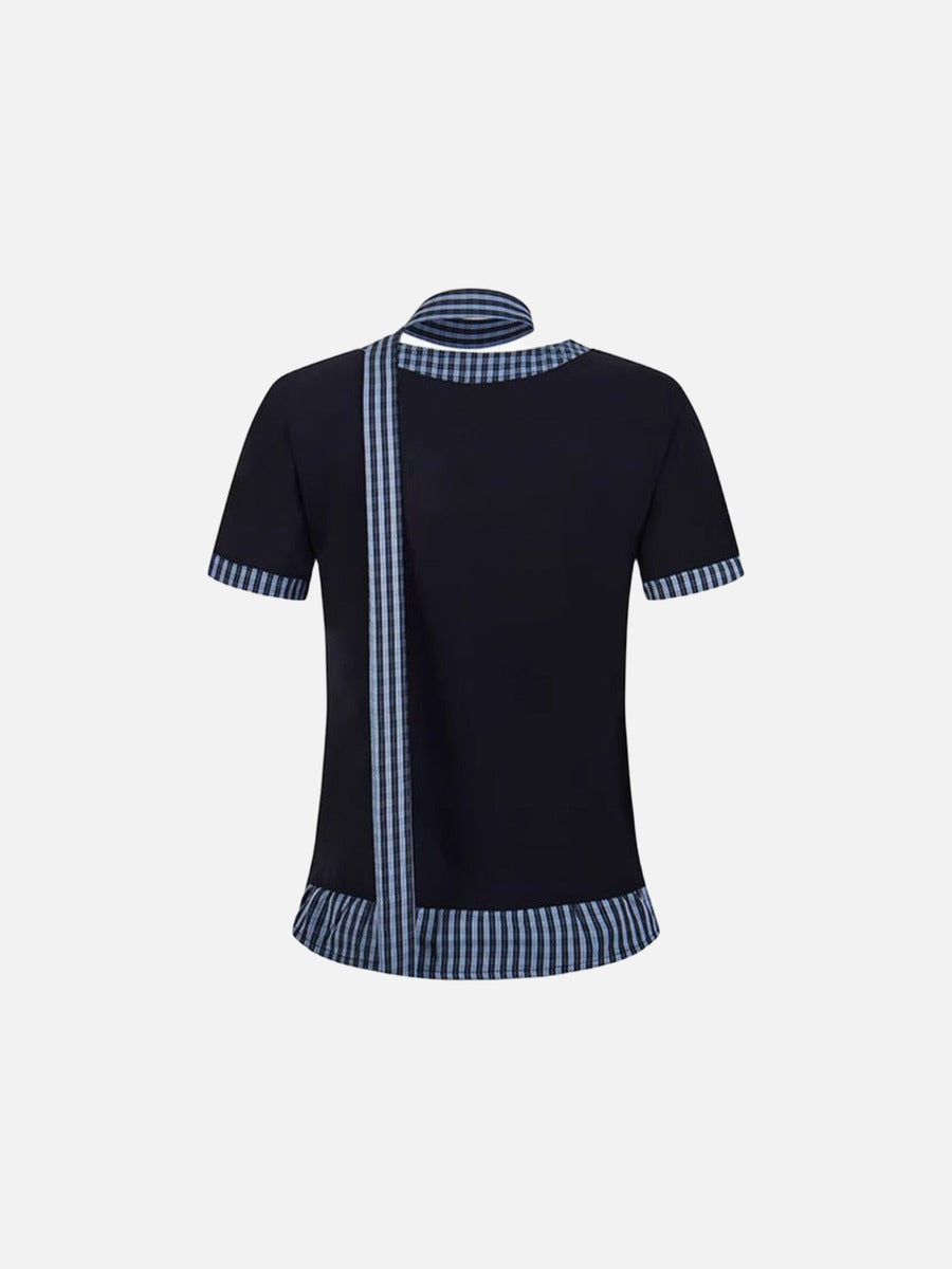 Checkered mock scarf short-sleeved t-shirt