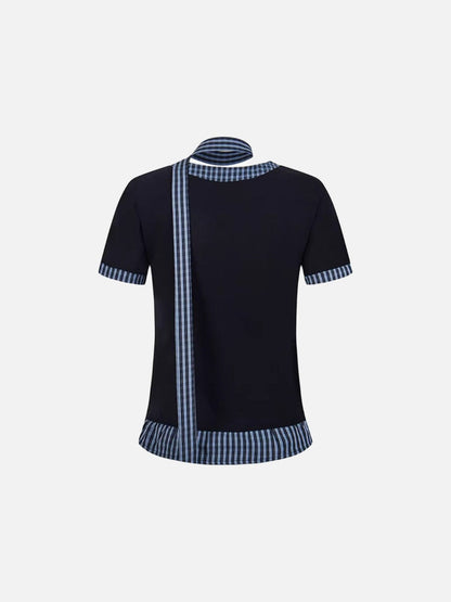Checkered mock scarf short-sleeved t-shirt