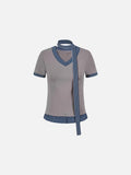 Checkered mock scarf short-sleeved t-shirt