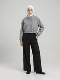 DAXUEN Women's black pinstripe wide-leg pants — model photo