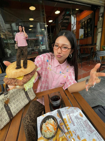 DAXUEN Short-sleeved embroidered gingham button-up shirt — model photo
