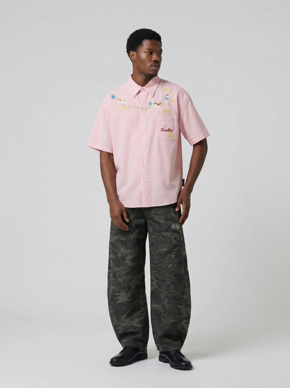DAXUEN Short-sleeved embroidered gingham button-up shirt — model photo