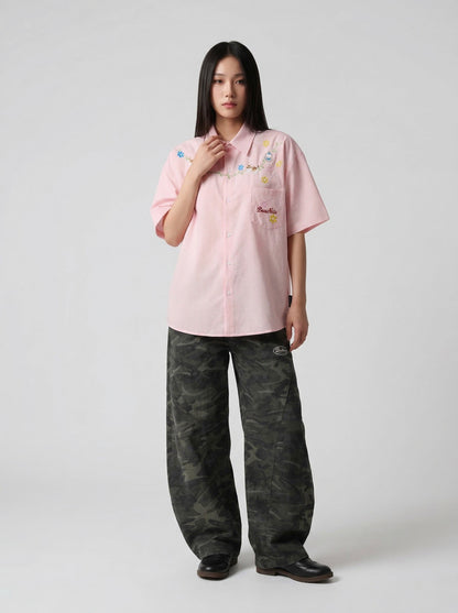 DAXUEN Short-sleeved embroidered gingham button-up shirt — model photo