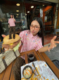 DAXUEN Short-sleeved embroidered gingham button-up shirt — model photo