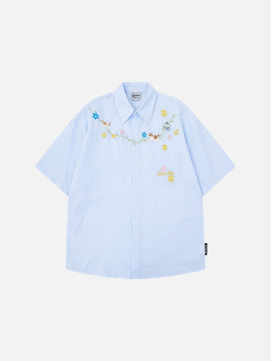 DAXUEN Short-sleeved embroidered gingham button-up shirt