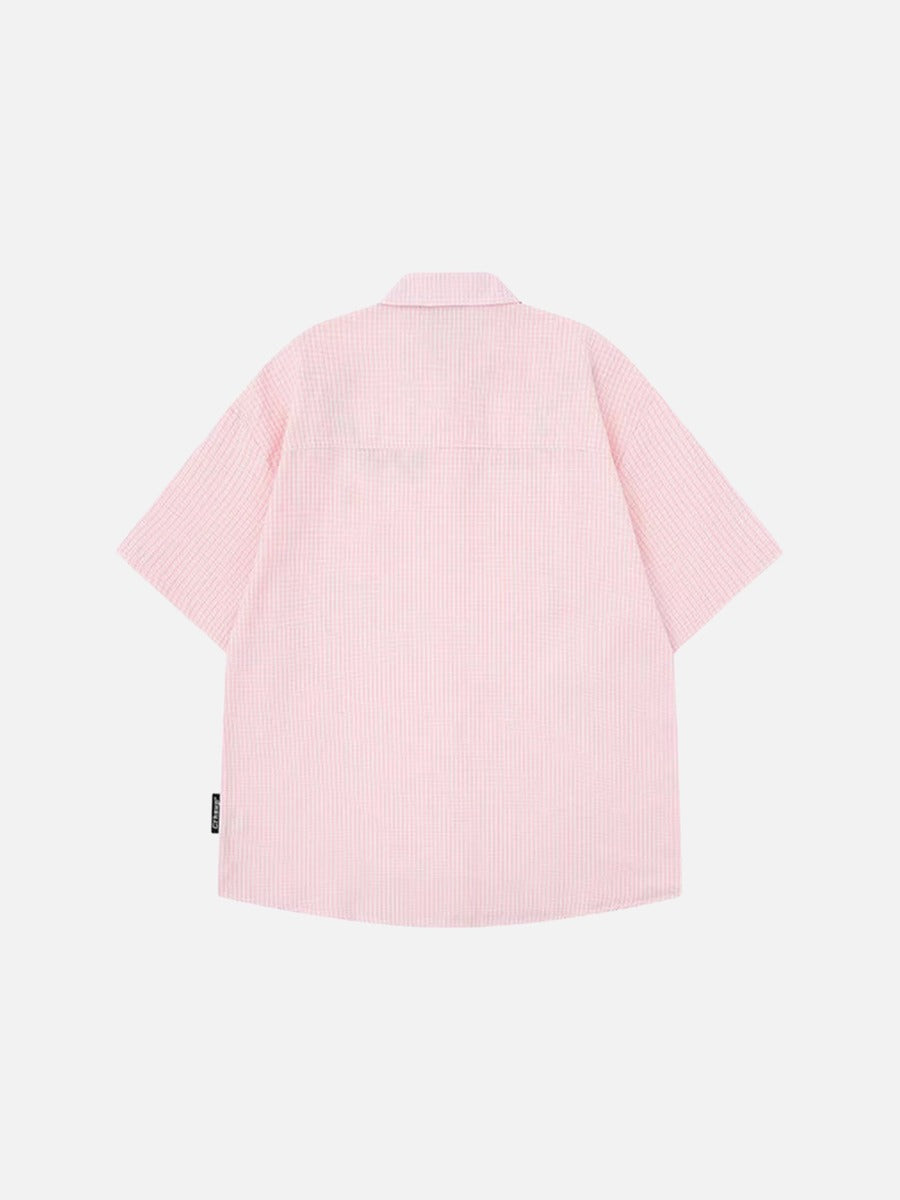DAXUEN Short-sleeved embroidered gingham button-up shirt