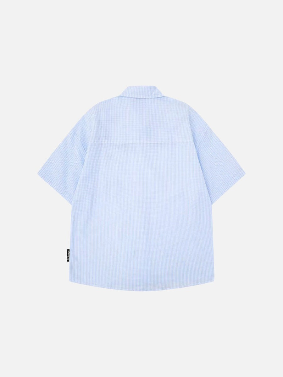 DAXUEN Short-sleeved embroidered gingham button-up shirt