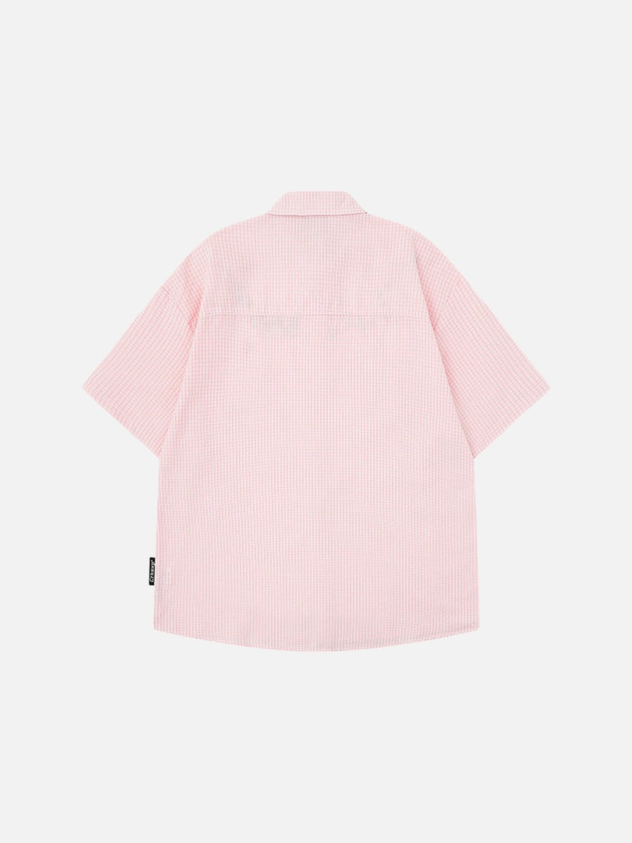 DAXUEN Short-sleeved embroidered gingham button-up shirt