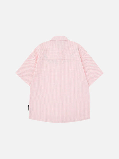 DAXUEN Short-sleeved embroidered gingham button-up shirt