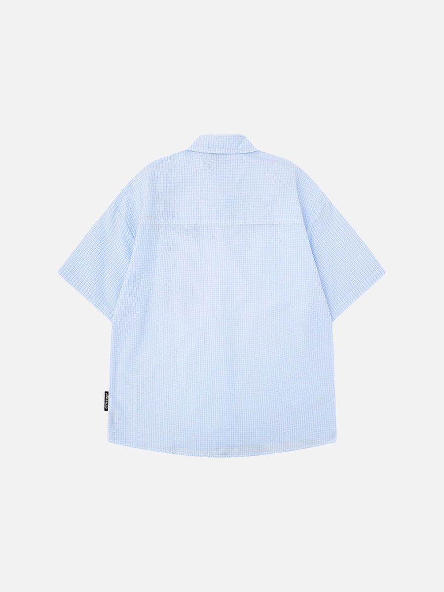 DAXUEN Short-sleeved embroidered gingham button-up shirt
