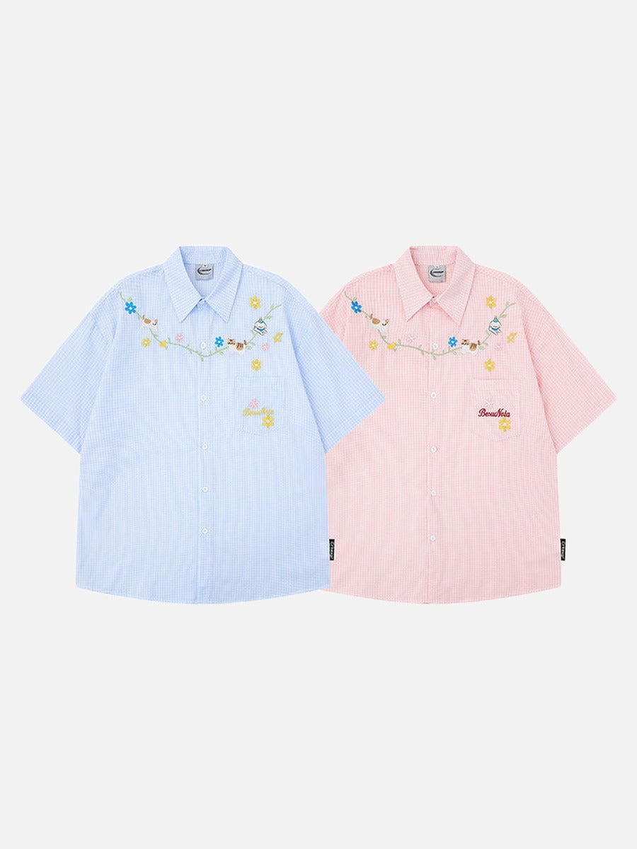 DAXUEN Short-sleeved embroidered gingham button-up shirt