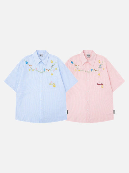 DAXUEN Short-sleeved embroidered gingham button-up shirt