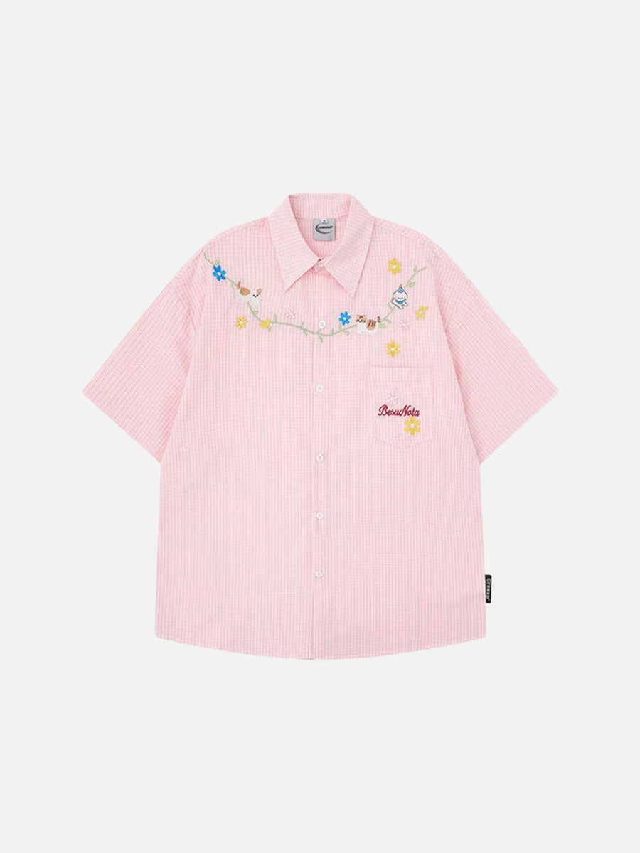 DAXUEN Short-sleeved embroidered gingham button-up shirt