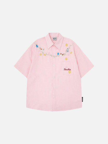 DAXUEN Short-sleeved embroidered gingham button-up shirt
