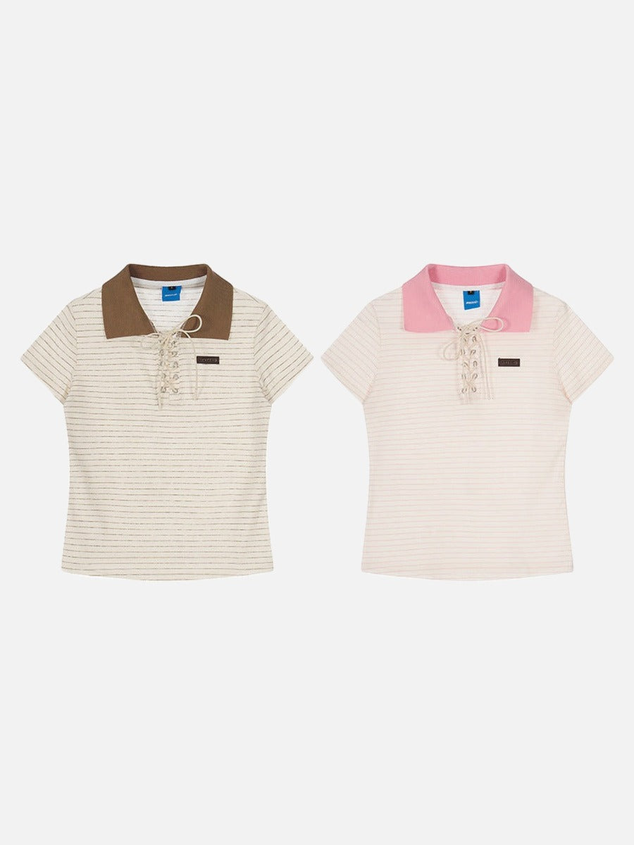 DAXUEN Short-sleeved women's polo shirt with lace-up front