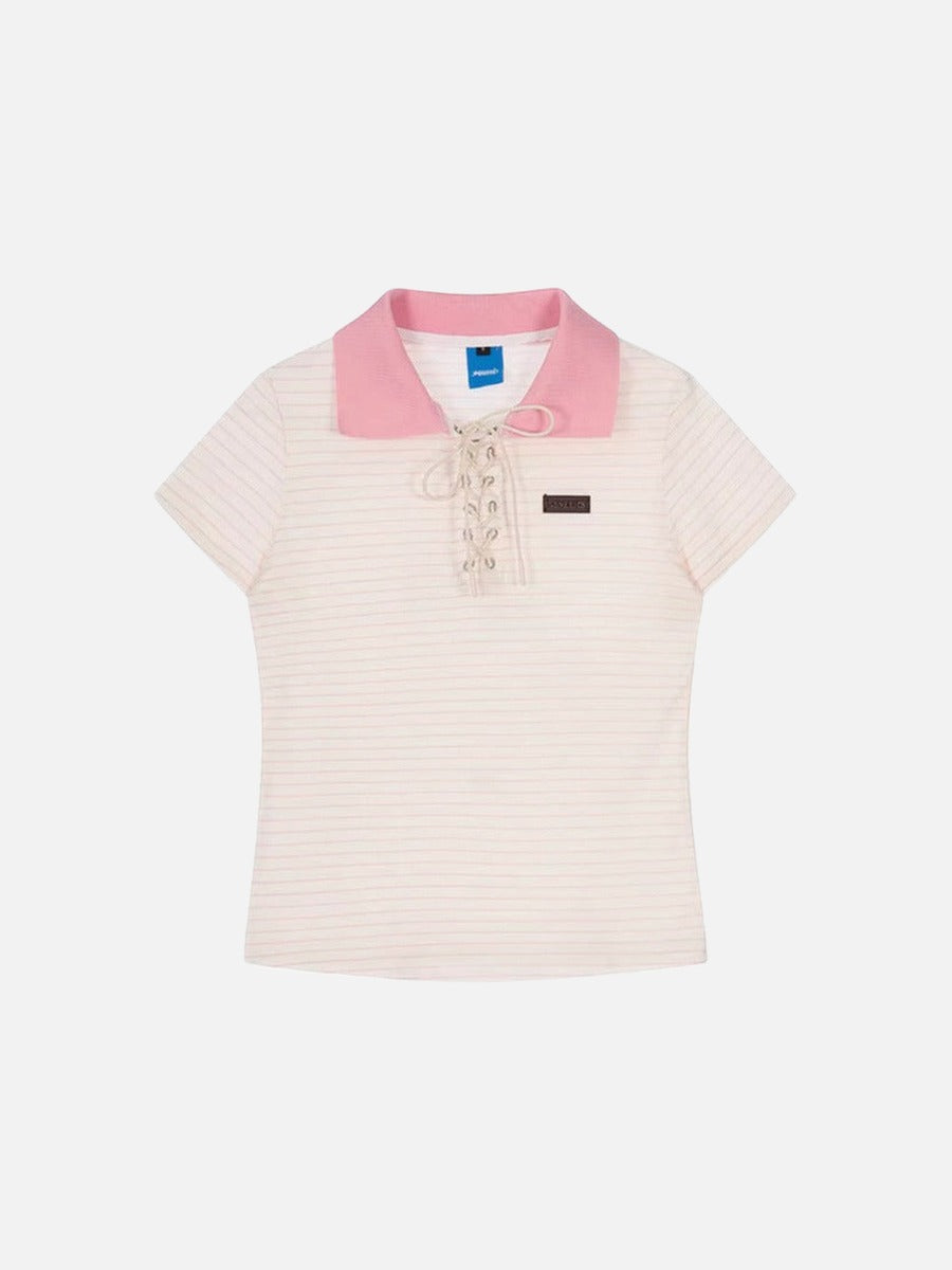DAXUEN Short-sleeved women's polo shirt with lace-up front