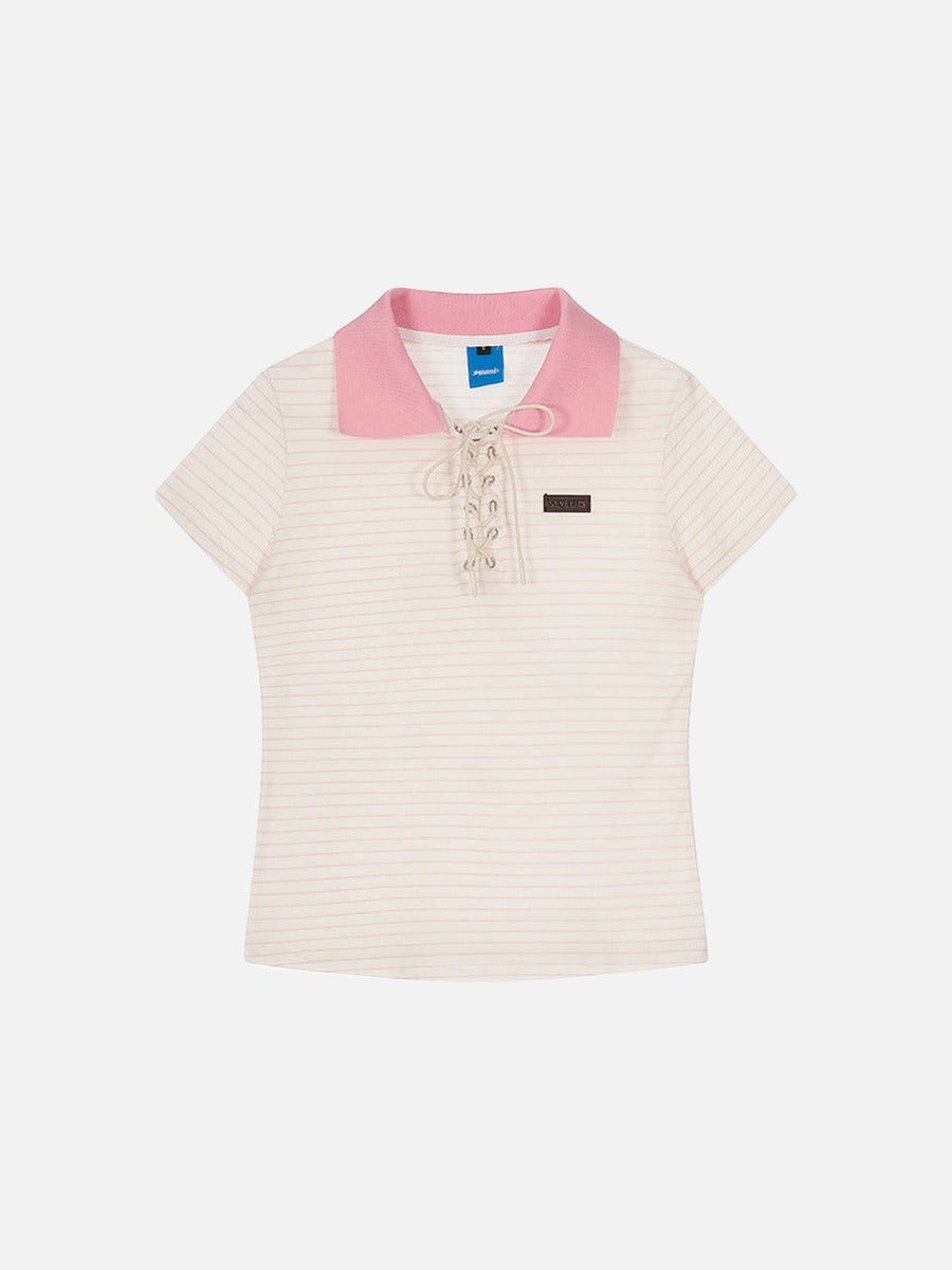 DAXUEN Short-sleeved women's polo shirt with lace-up front
