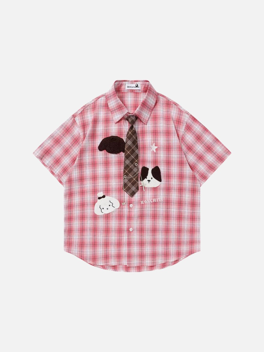 DAXUEN Short-sleeved oversized button-up shirt with plaid pattern and embroidery