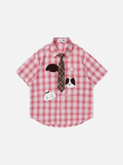 DAXUEN Short-sleeved oversized button-up shirt with plaid pattern and embroidery