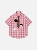 DAXUEN Short-sleeved oversized button-up shirt with plaid pattern and embroidery